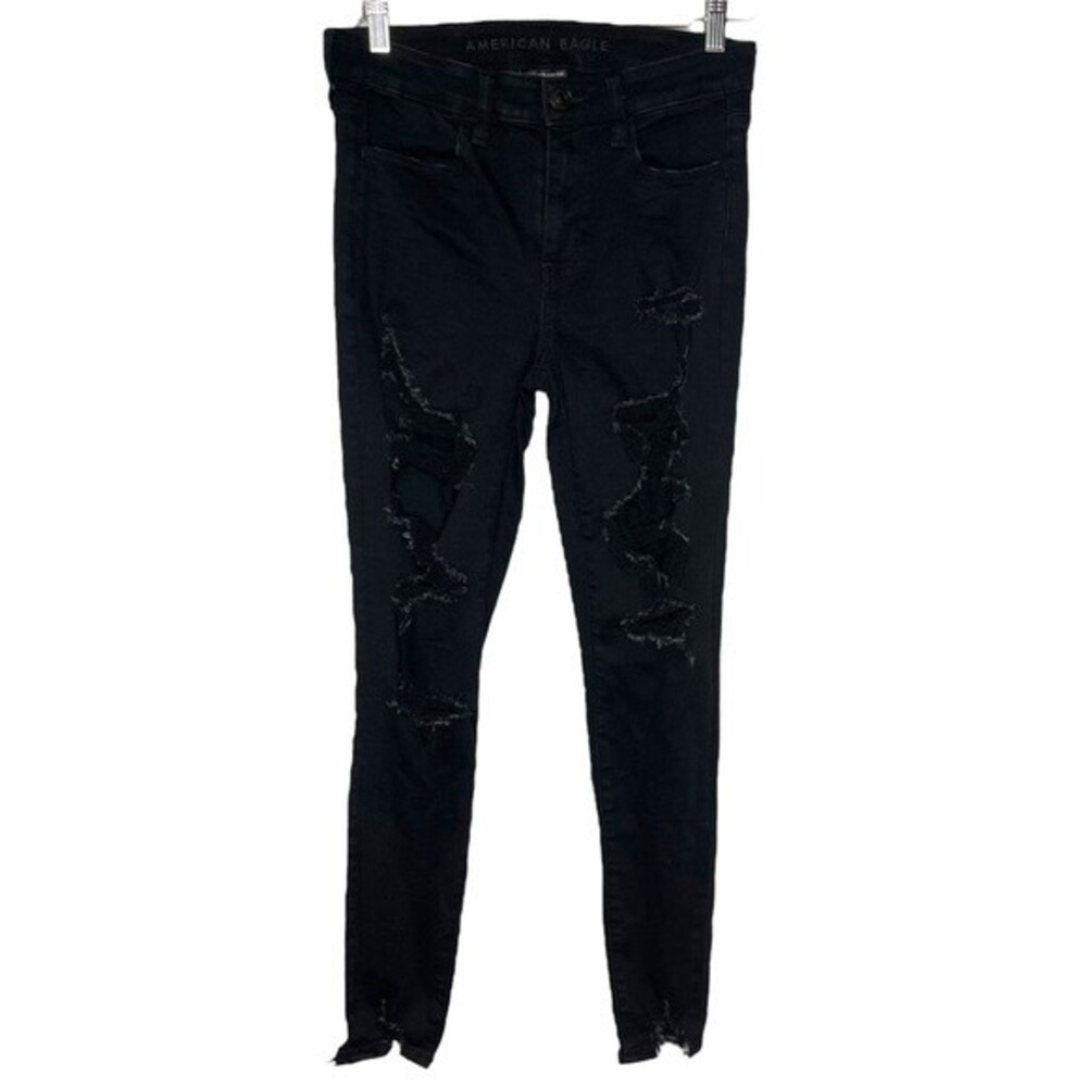 American Eagle Jeans Hi-Rise Jegging sz 6 * Black Distressed Holey Denim AEO